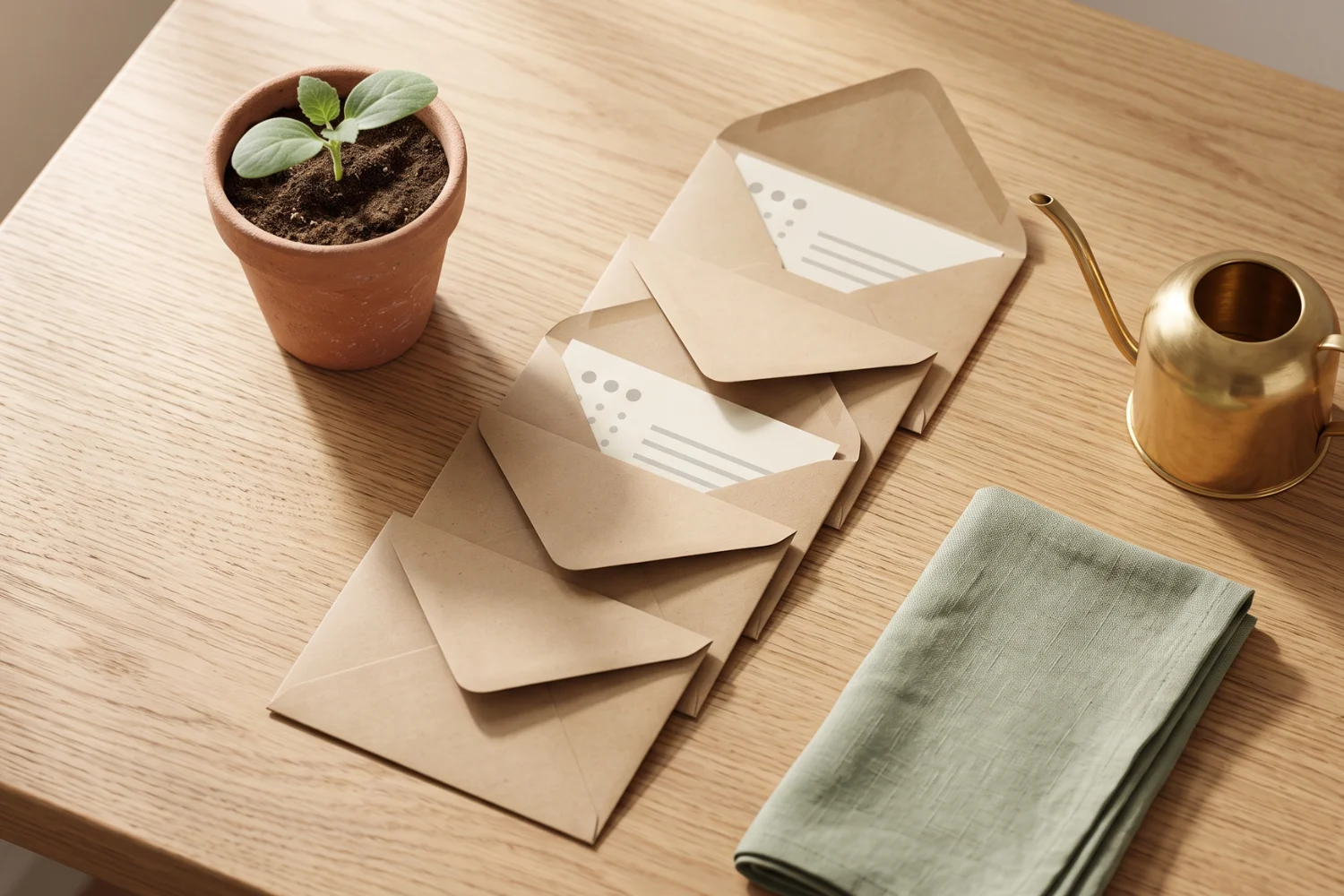 Small green seedling growing from a terracotta pot beside five stacked kraft envelopes representing a lead nurture email sequence
