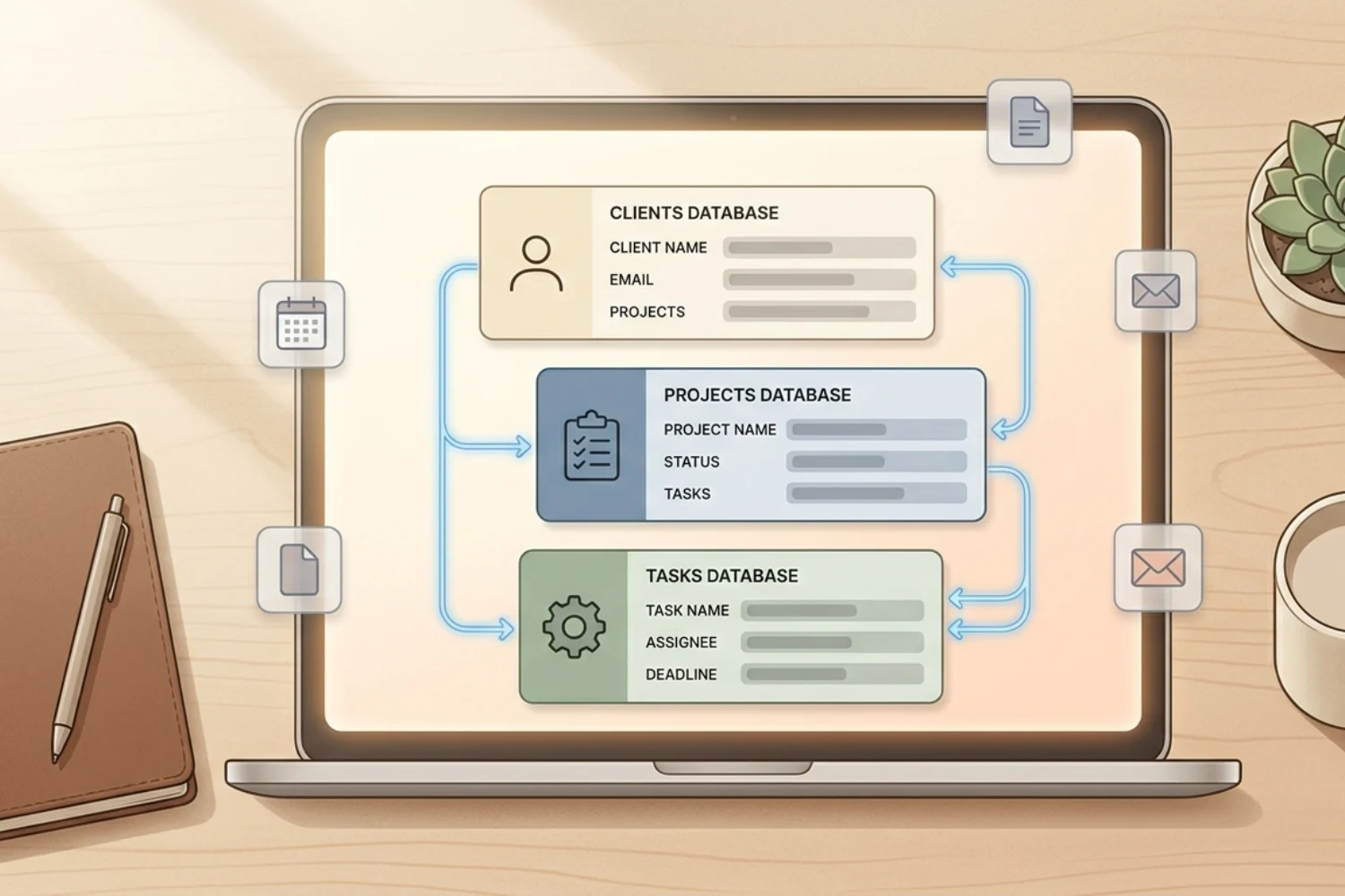 Notion database relations diagram showing tasks, projects, and clients connected across multiple data sources