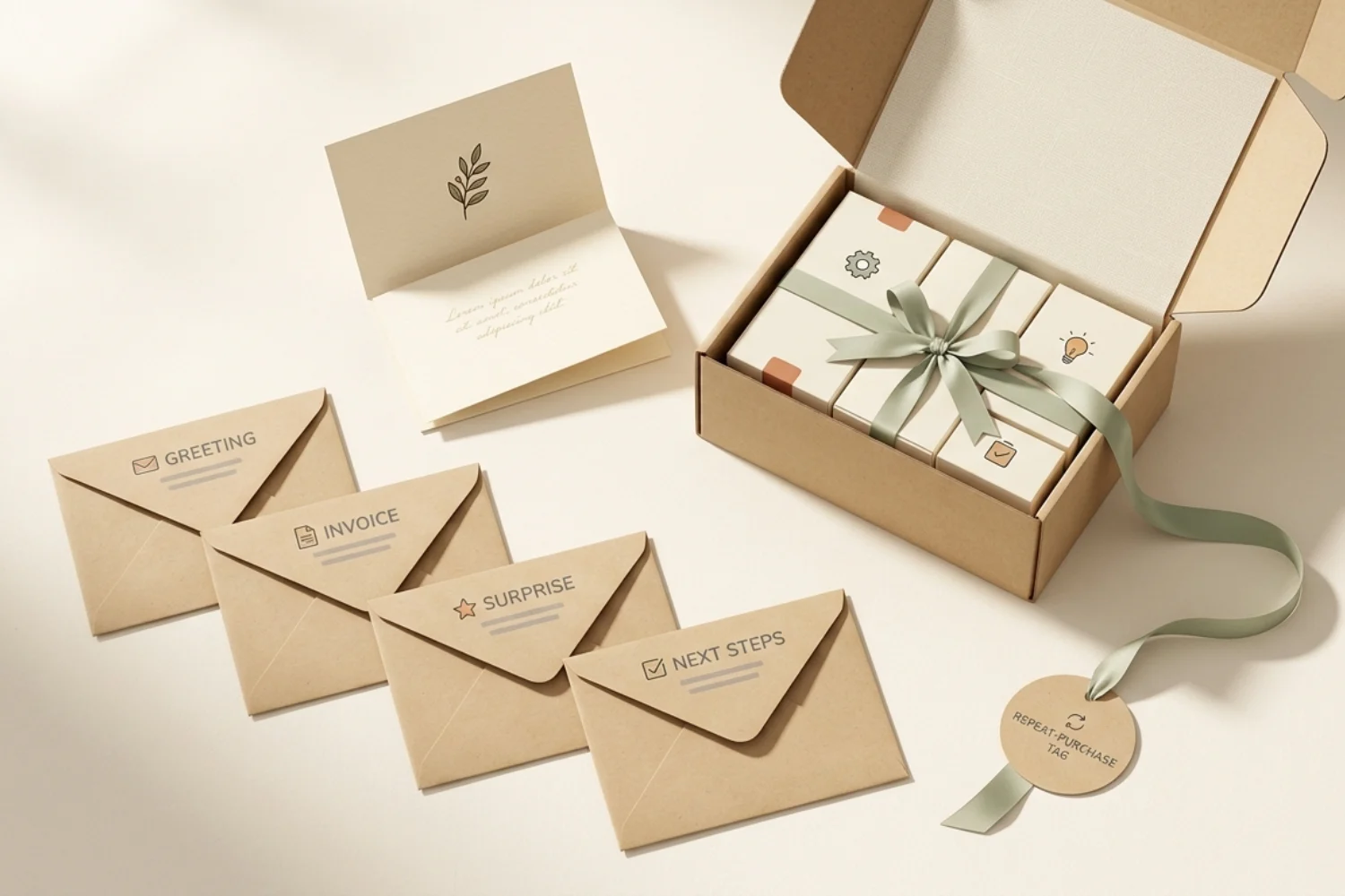 Open kraft shipping box with thank-you card and four email envelopes representing a post-purchase email sequence