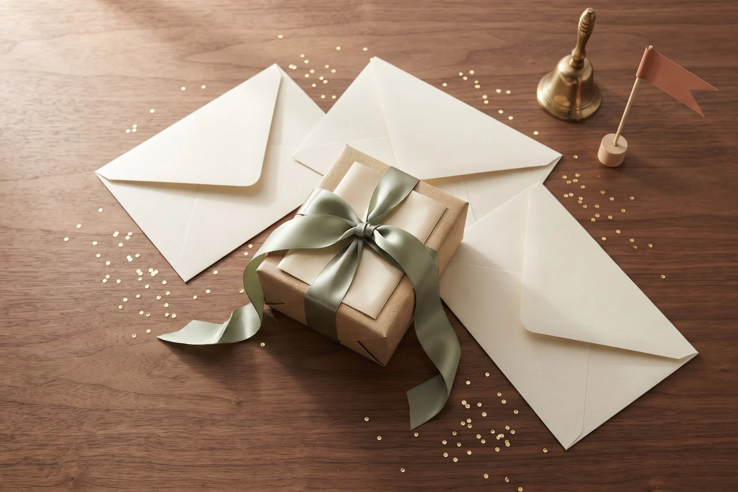 Wrapped kraft product box with sage ribbon and four cream envelopes fanned in a countdown arc on a warm wood desk representing a product launch email sequence