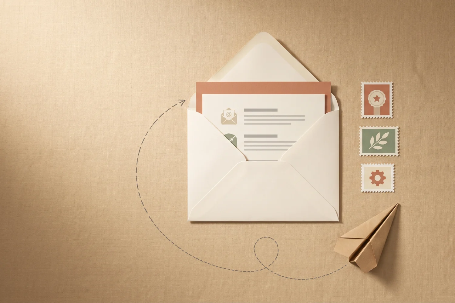 Cream envelope with a kraft paper airplane looping back on a soft parchment desk representing a re-engagement email sequence