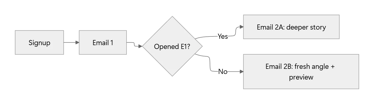 Branching email workflow diagram with Signup leading to Email 1, then a decision node checking if Email 1 was opened, splitting into two paths: Email 2A deeper story for openers, and Email 2B fresh angle with preview for non-openers.