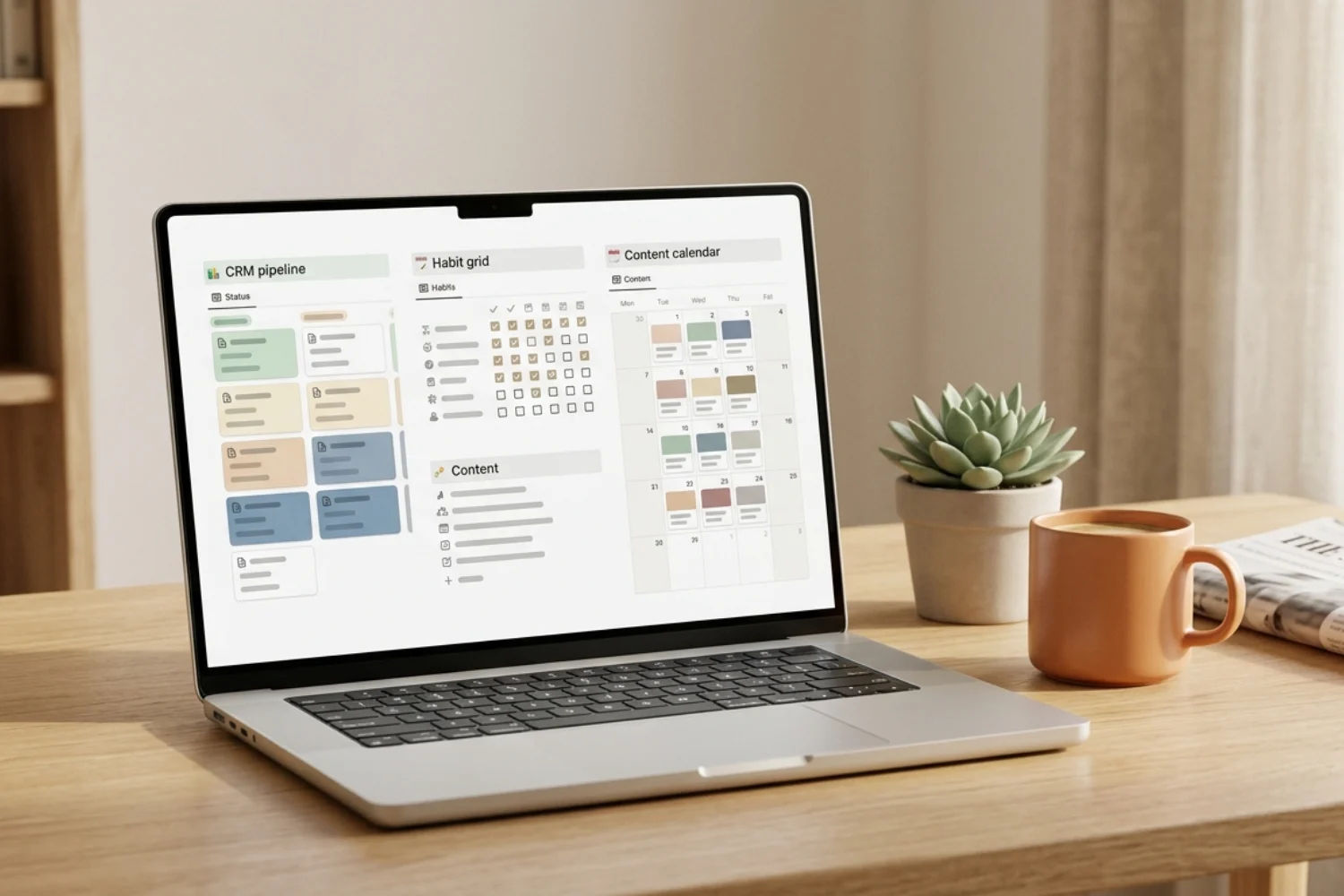 Best free Notion templates for productivity dashboard on laptop showing CRM pipeline, task board, budget tracker, and content calendar for solopreneurs