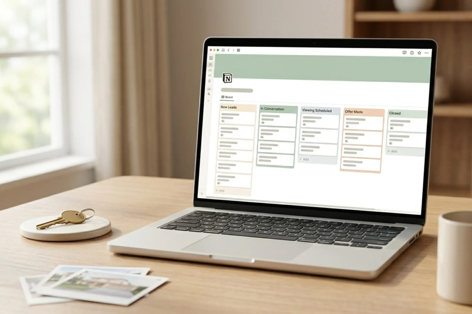 Best Notion CRM system for real estate lineup on laptop showing lead pipeline, property database, and closing dashboard