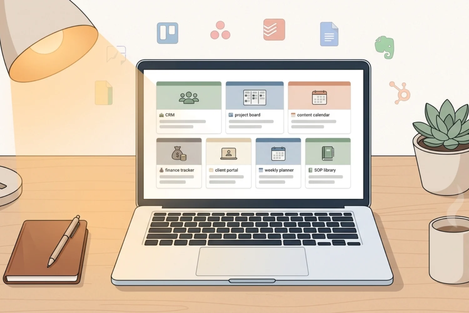 Soft editorial illustration of a solo business owner at a clean desk with a replace your tool stack with Notion workspace on screen, while scattered SaaS app icons fade into the background
