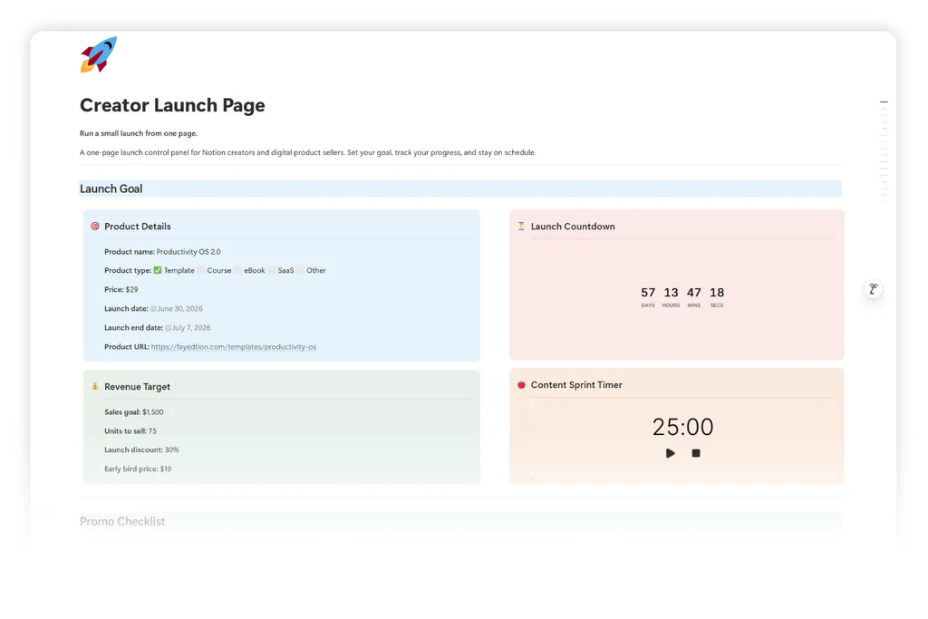 Notion launch page hero section showing cover image, product name, one-line promise, and primary call to action button.