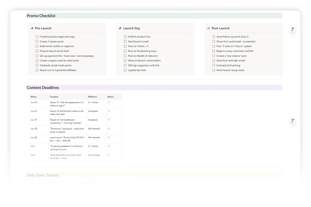 Internal launch plan toggle inside a notion launch page, holding the team checklist below the buyer-facing FAQ.