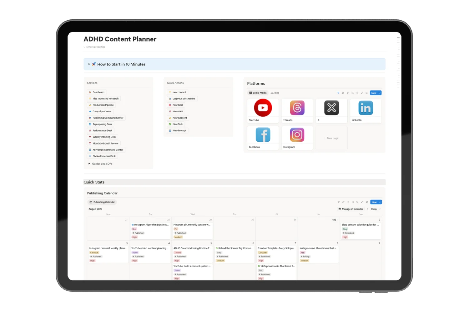 ADHD content calendar Notion workspace showing 9 dedicated workflow desks on desktop