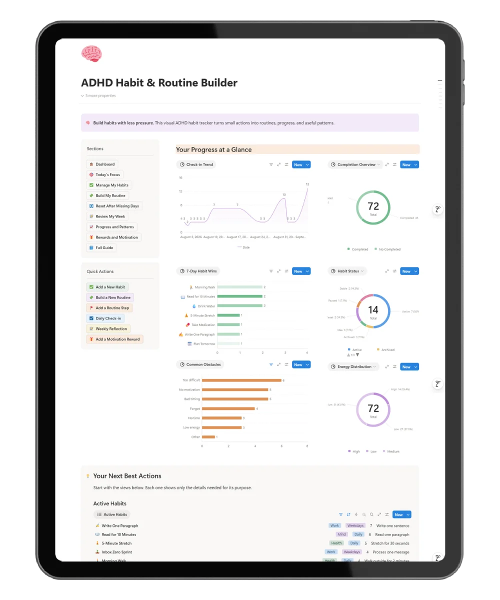 [ADHD Routine Builder Notion template — homepage with routine tracker, habit system, and reward dashboard | ALT: ADHD Routine Builder Notion template homepage showing habit tracker dashboard and scenario navigation