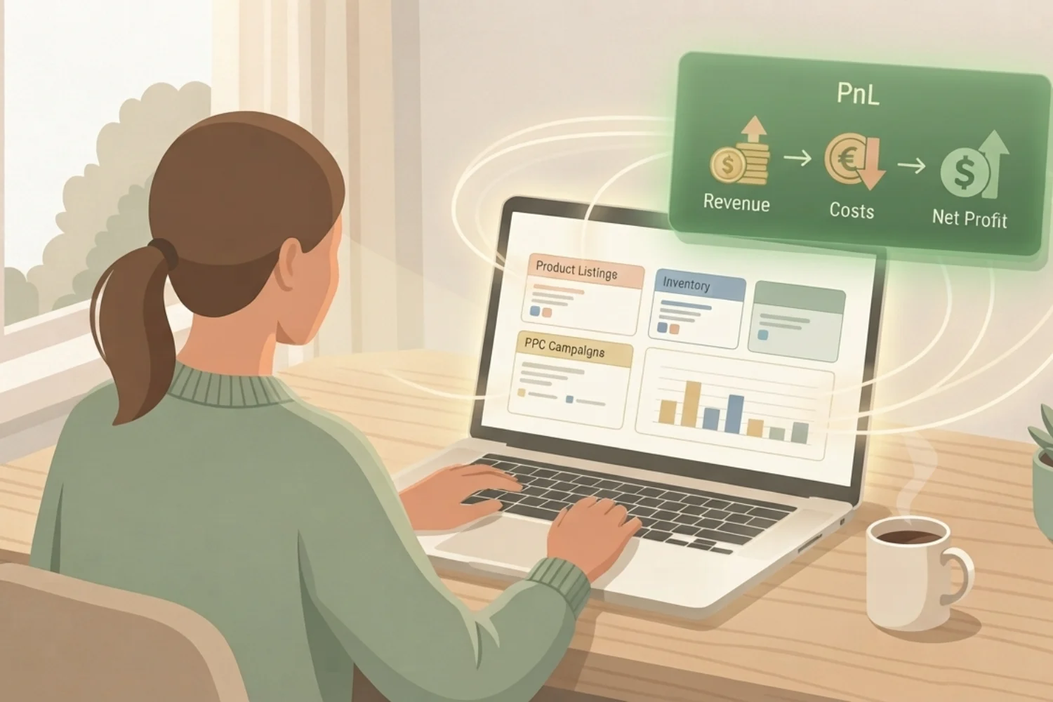 Notion Amazon seller workflow dashboard with product listings, inventory levels, PPC campaigns, UGC library, and PnL ledger