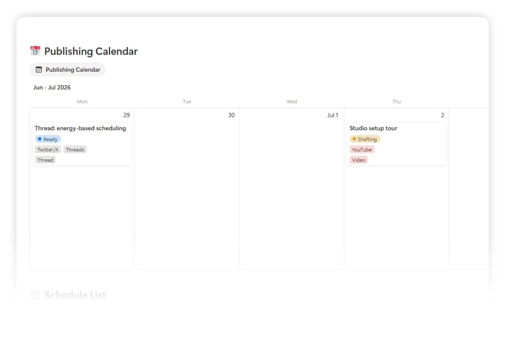 Energy-based content scheduling calendar with pieces color-coded by energy tag for ADHD creators.