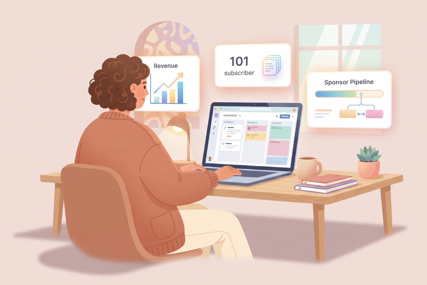 Newsletter Business in Notion dashboard with subscribers, sponsors, and revenue databases wired together