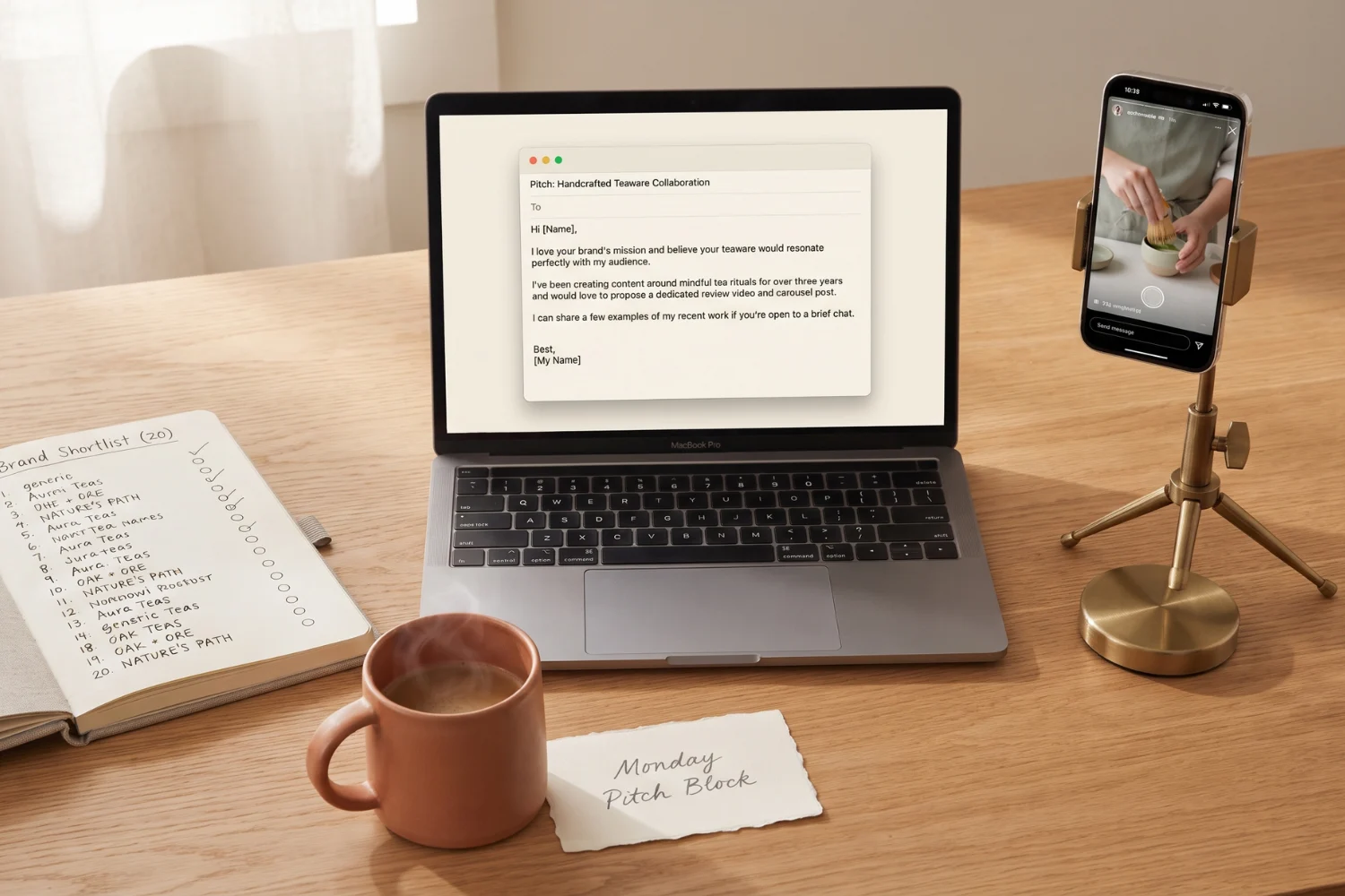 how to pitch brands as a UGC creator on a laptop, sample video open on a phone next to a notebook with a 20-brand shortlist, natural window light