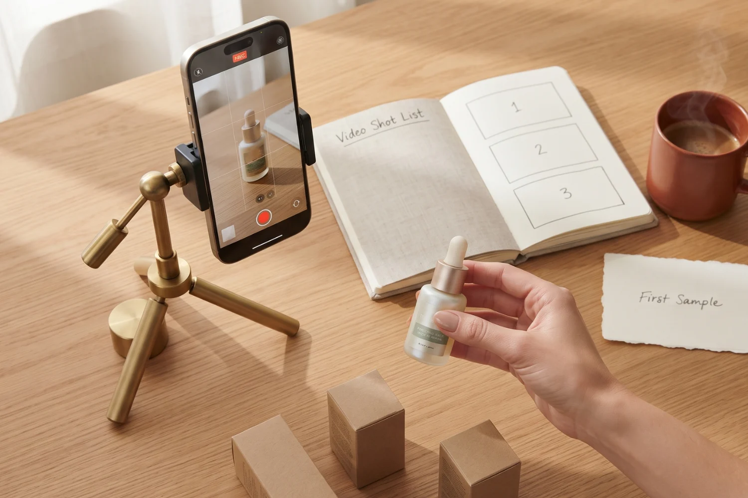 A beginner UGC creator filming a product review on a phone mounted to a small tripod, natural window light in a home kitchen, notebook and coffee mug on the counter