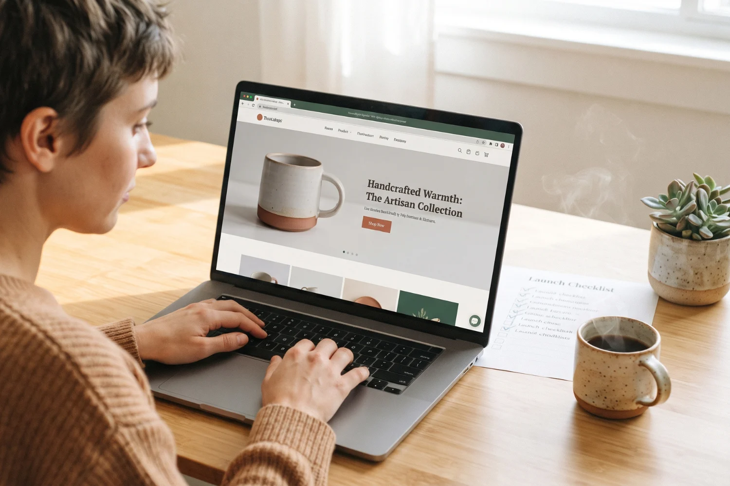 Indie creator building a notion launch page in Notion with hero, headline, and call to action visible on screen.