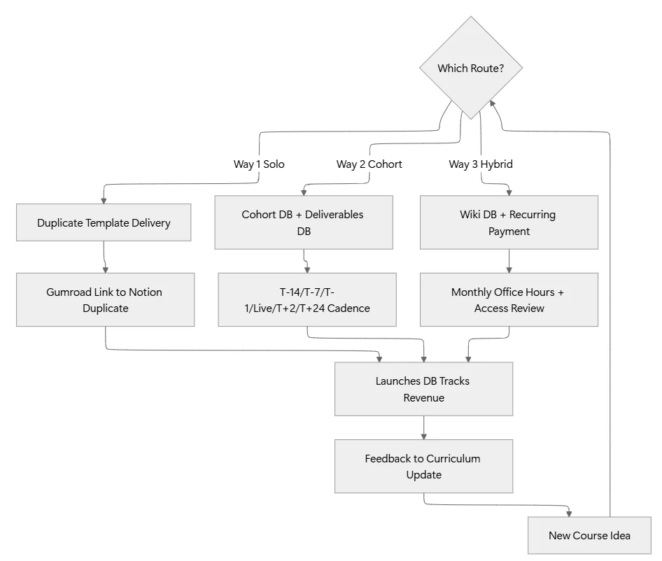 Decision flow for Notion for course creators showing three routes (Solo, Cohort, Hybrid) feeding into a launches database and a feedback loop back to curriculum updates.