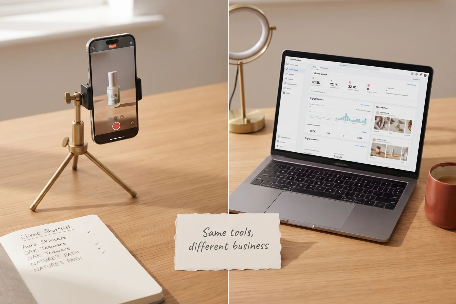 Split-screen comparison of a UGC creator filming a product on a phone tripod on one side and an influencer posting to social media from a coffee shop on the other, natural window light UGC creator vs influencer